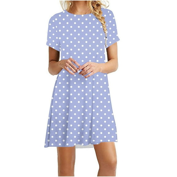 qucoqpe Womens Crew Neck Short Sleeve Sun Dress Fashion Casual Pleated Polka T-shirts Dress Holiday Beach Mini Dress Boho Dress