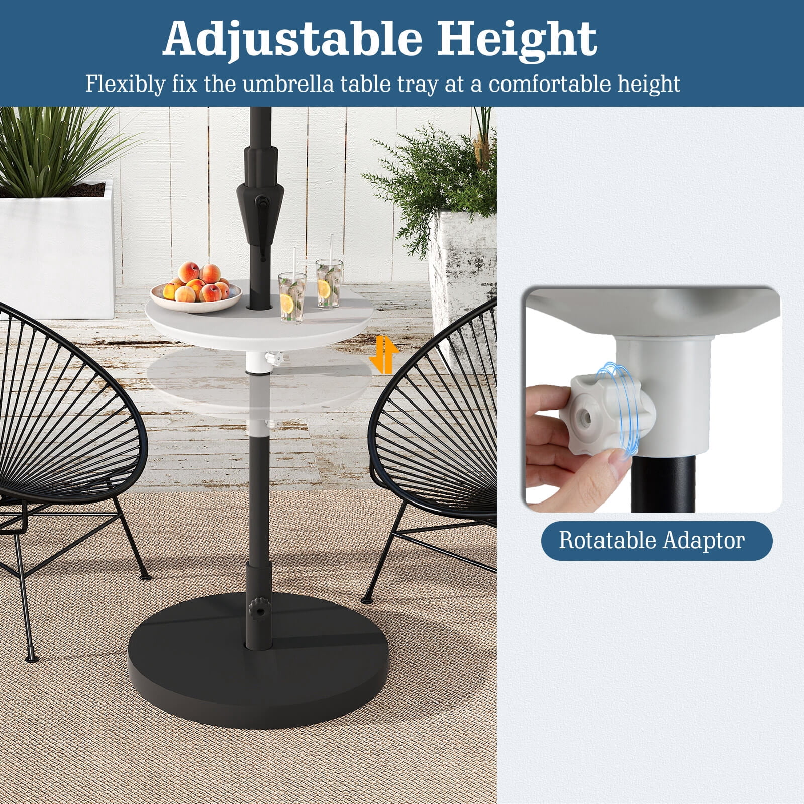 Costway 20” Outdoor Adjustable Umbrella Table for 1.5” & 1.9” Patio Umbrella Pole White