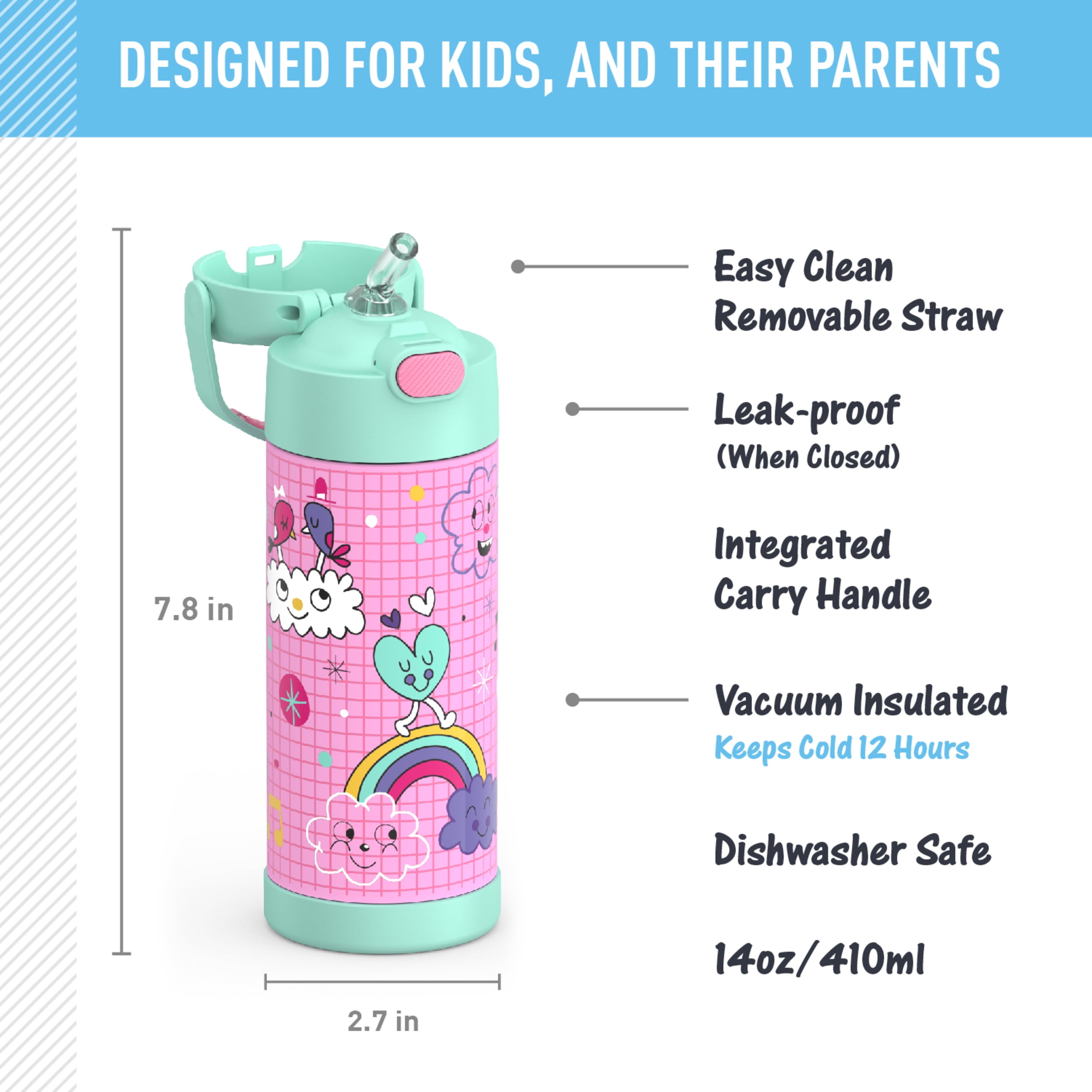 Thermos Kids Stainless Steel Funtainer Bottle with Straw, Dishwasher Safe, Leak Proof, Sketchbook, 14 oz