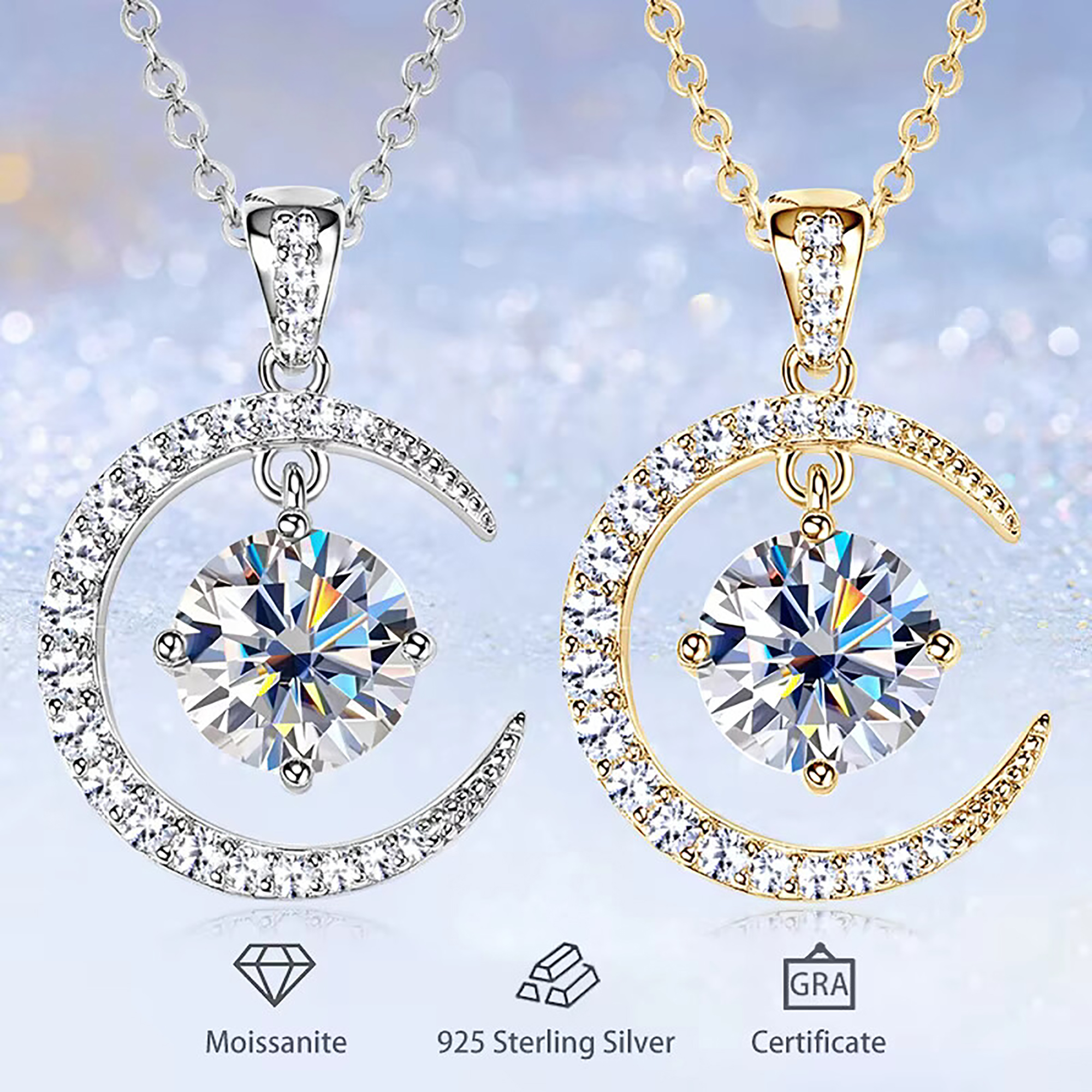 Sparkling 2.3 Ct Moissanite Stars Moon Necklace For Women S925 Sterling Silver Gold Plated Pendant Necklace D VVS1 Color Moissanite Diamond Necklace Jewelry Gift Chain
