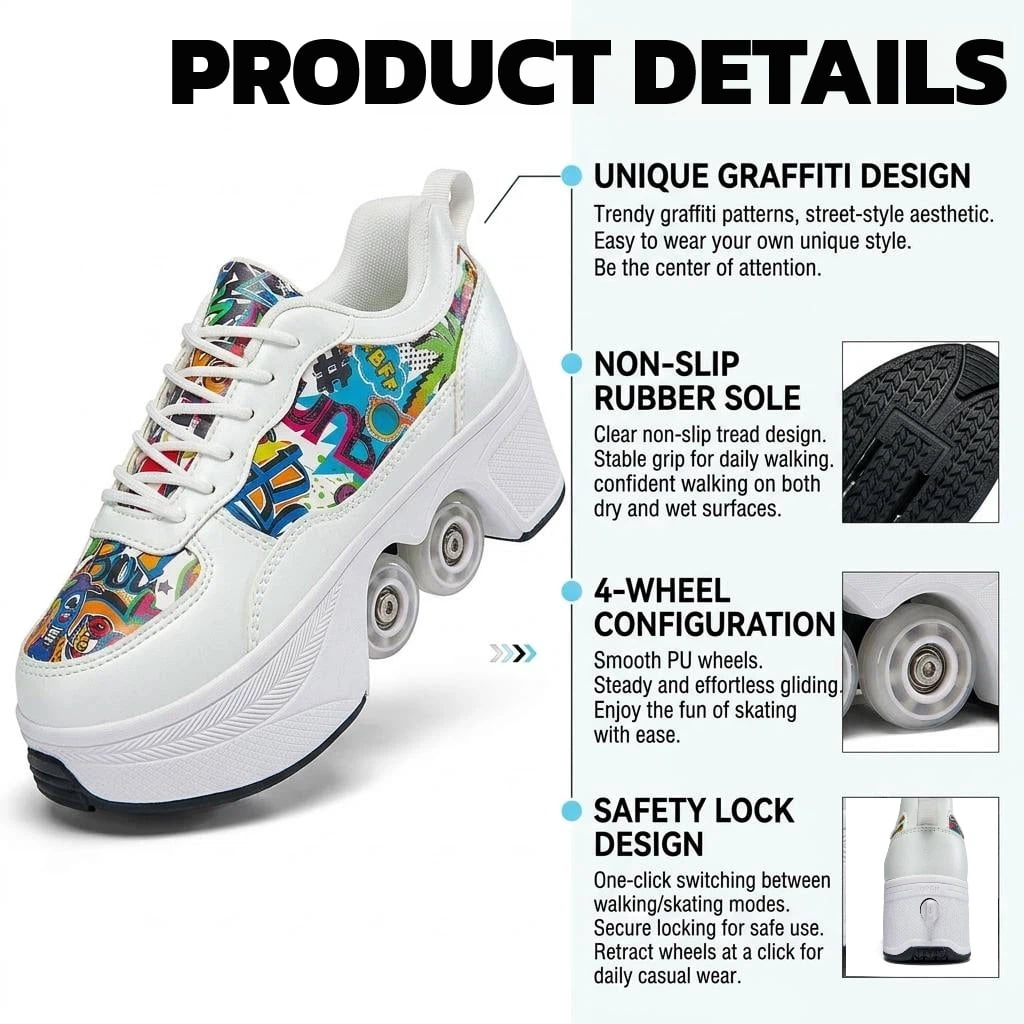 CZV Women's & Teens Graffiti Print Four-Wheel Convertible Roller Skate Shoes,2-in-1 Roller Skates & Sneakers Unisex Retractable Wheels Indoor Outdoor Fun & Fitness Kick Roller Shoes