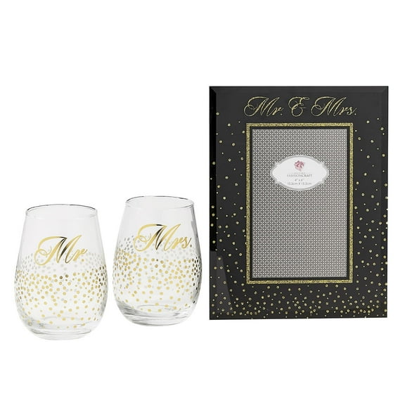 Mr. & Mrs. Stemless Wine Toasting Set With Glass 4" x 6" Photo Frame by Fashioncraft