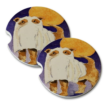 

KuzmarK Sandstone Car Drink Coaster (set of 2) - Ghostie Pei Chinese Shar-Pei Halloween Dog Art by Denise Every