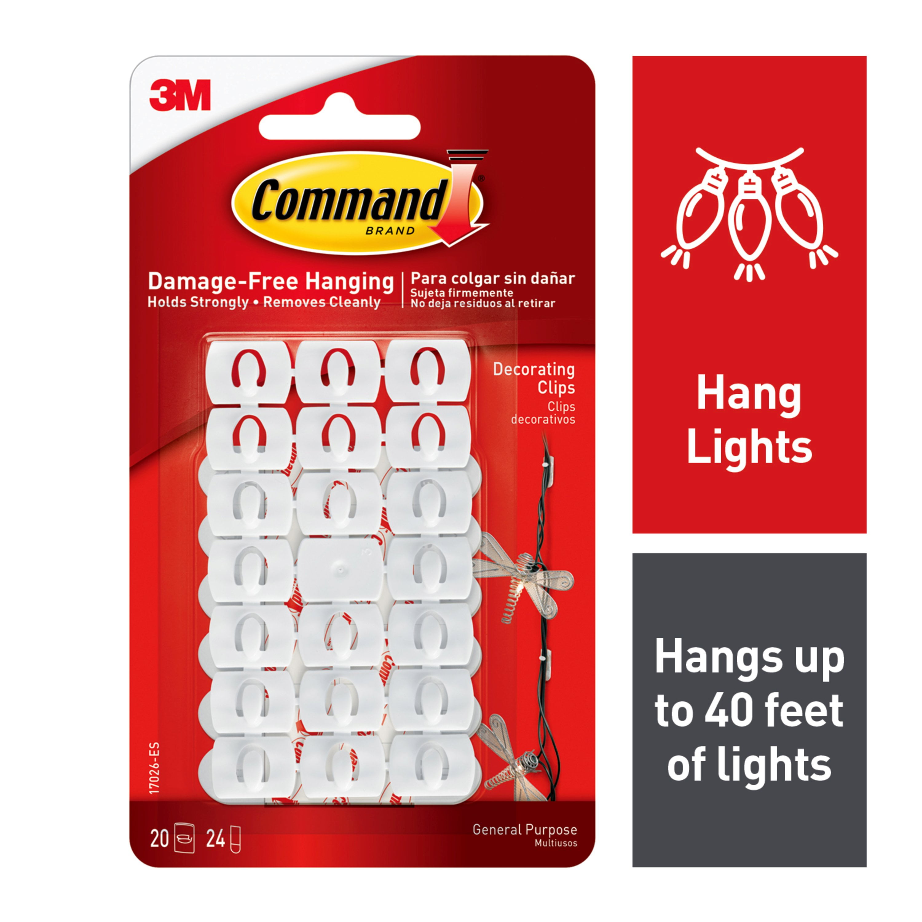 Clear Command Clear Decorating Clips for Christmas and Fairy Lights Set of 2 Value Pack of 40 Clips and 48 Clear Command Adhesive Strips & 17091CLR Medium Hooks with Strips