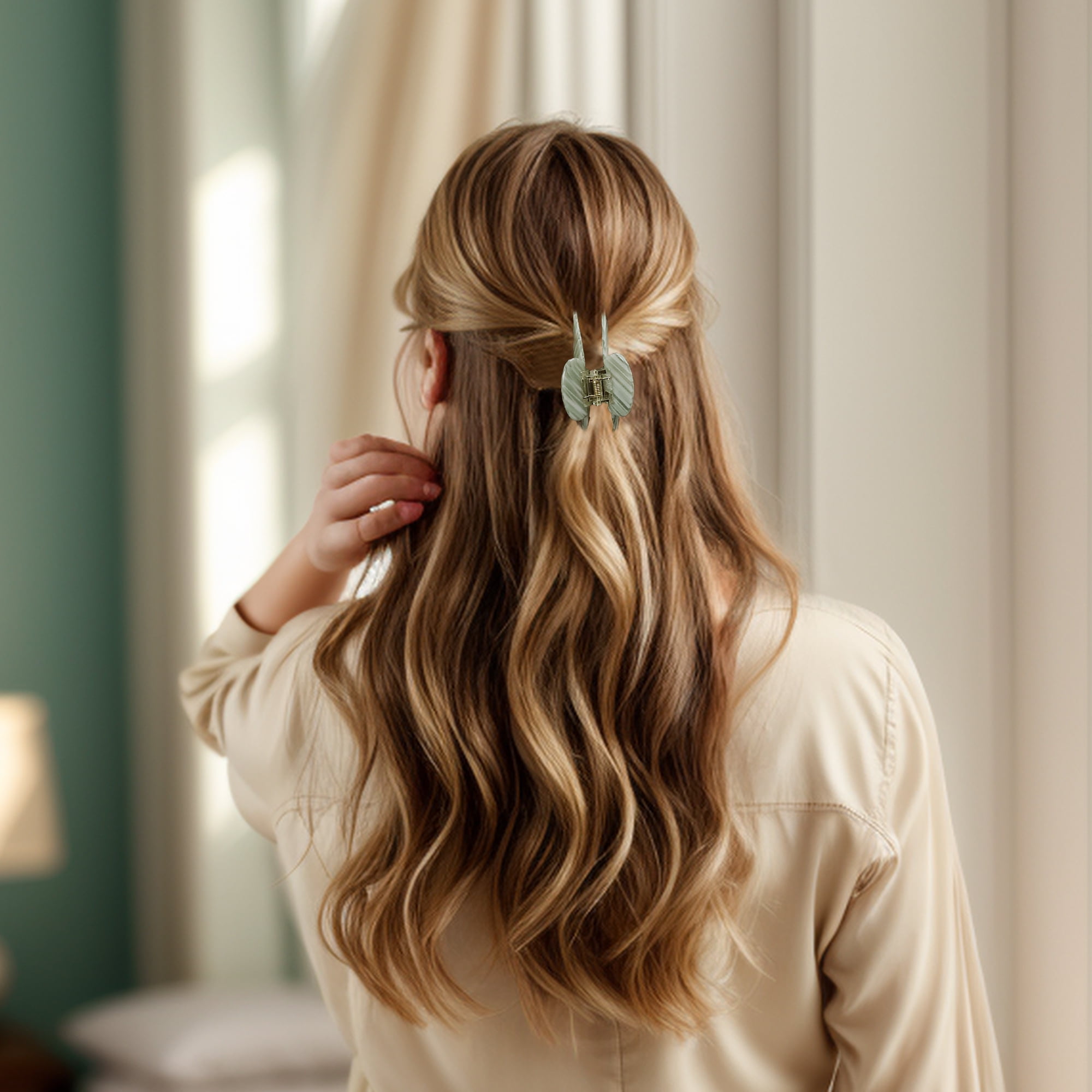 NOMADIC NOOK Women's French Large Hair Caw Clips 3 Pcs Green Beige