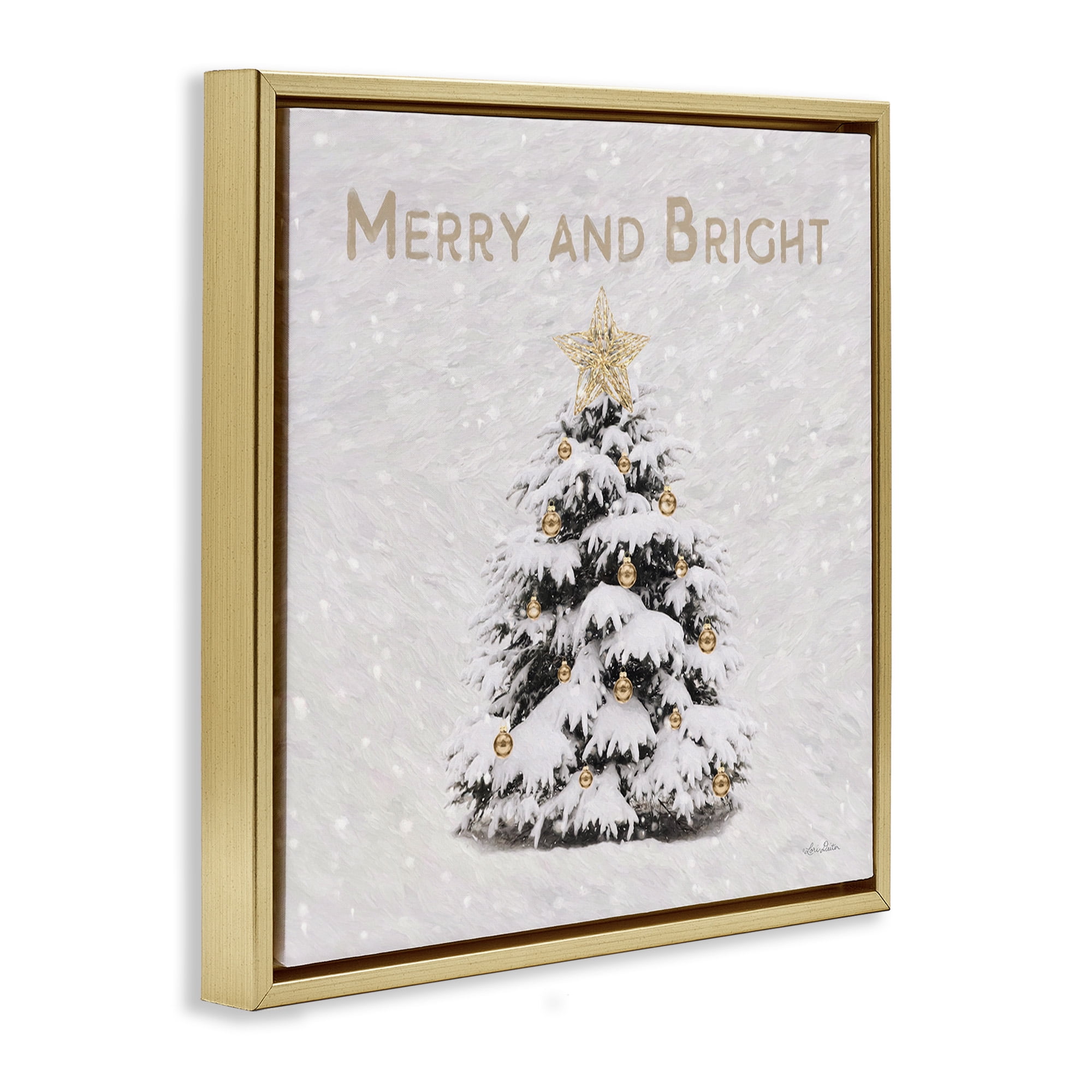Stupell Industries Merry & Bright Scene Holiday Painting Gold Floater Framed Canvas Art Print Wall Art, 18 x 18