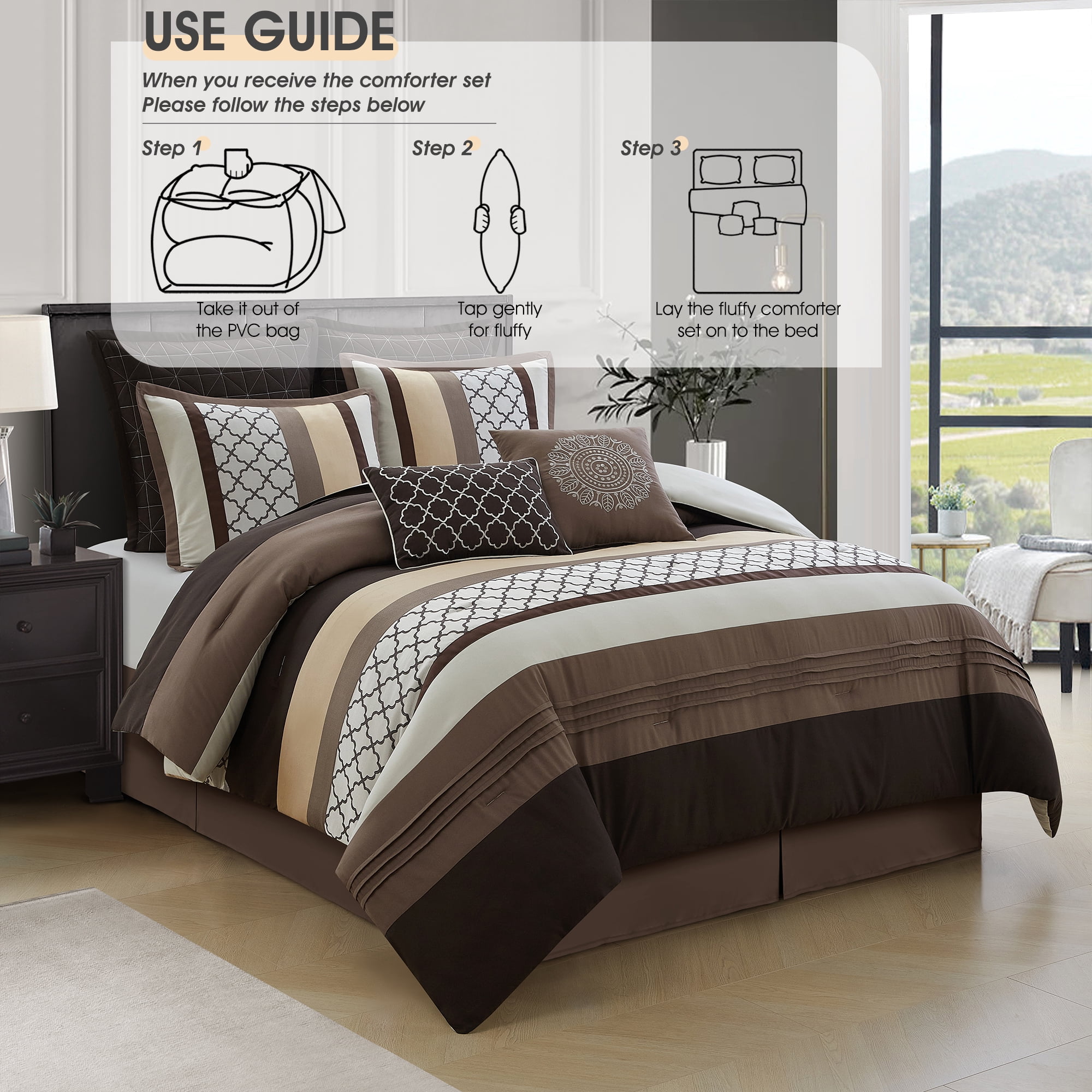 LANCO MODERN LIFESTYLE Queen Comforter Set, Brown Bedding Set, Jacquard Woven with Geometry, 8 Pieces Bed in a Bag, Bed Skirt, Shams and Decorative Pillows