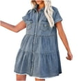 thumbnail image 4 of Robes Décontractées pour Femmes Couleur Unie Manches Courtes Robe Courte en Denim Mini Robe d'Été de Plage pour Dames, 4 of 7