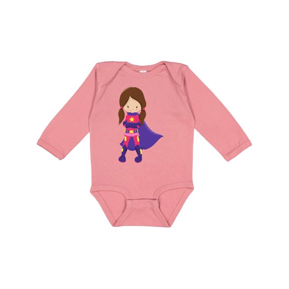 Inktastic Superhero Girl, Brown Hair, Cute Girl, Purple Cape Girls Long Sleeve Baby Bodysuit