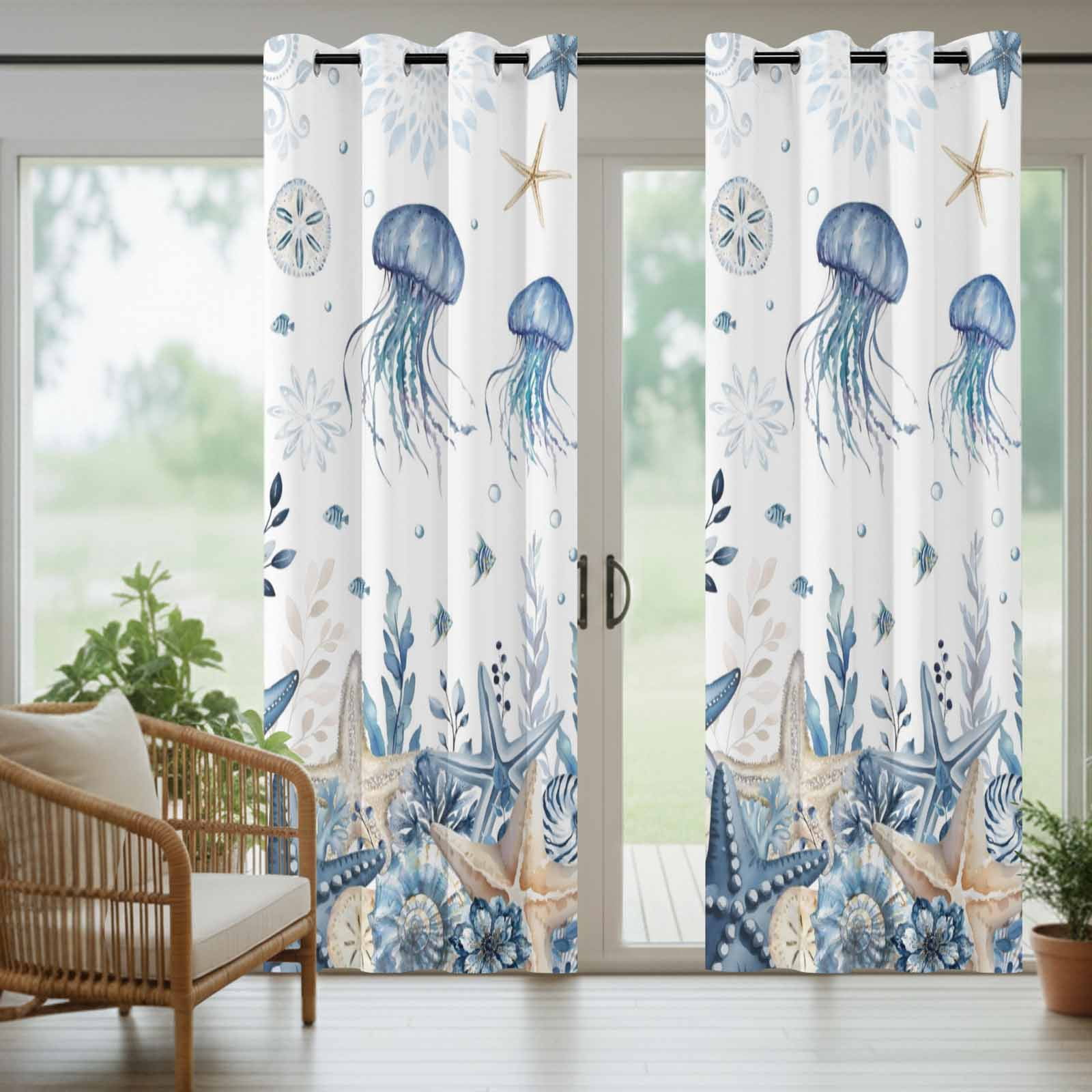 Ocean Jellyfish Outdoor Curtains for Patio, Blue Yellow Sea Star Shell Coral Sunshade Privacy Drapes Grommet Waterproof Outside Curtains for Porch/Cabana/Balcony 54"x 108", 1 Panel