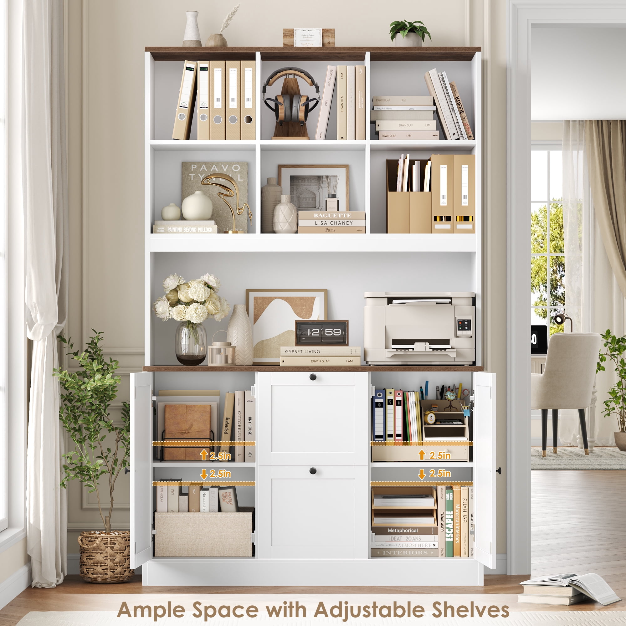 Homfa 71″ 6 Cubes Bookcases with 2 Storage Drawers and Charge Station, 3 Tier Bookshelf with Adjustable File Storage Cabinet for Living Room Home Office, White
