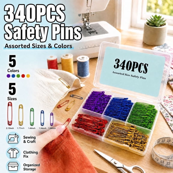 Safety Pins Assorted, 340-Pack 5 Different Sizes Large Safety Pins Heavy Duty, Safety Pin for Clothes Pins, Small Safety Pins for Sewing, Jewelry Making, Arts and Crafts Supplies (5 Colors)