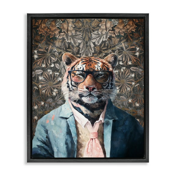 Stupell Industries Stylish Tiger in Glasses Animals Painting Black Floater Framed Canvas Art Print Wall Art, 17 x 21