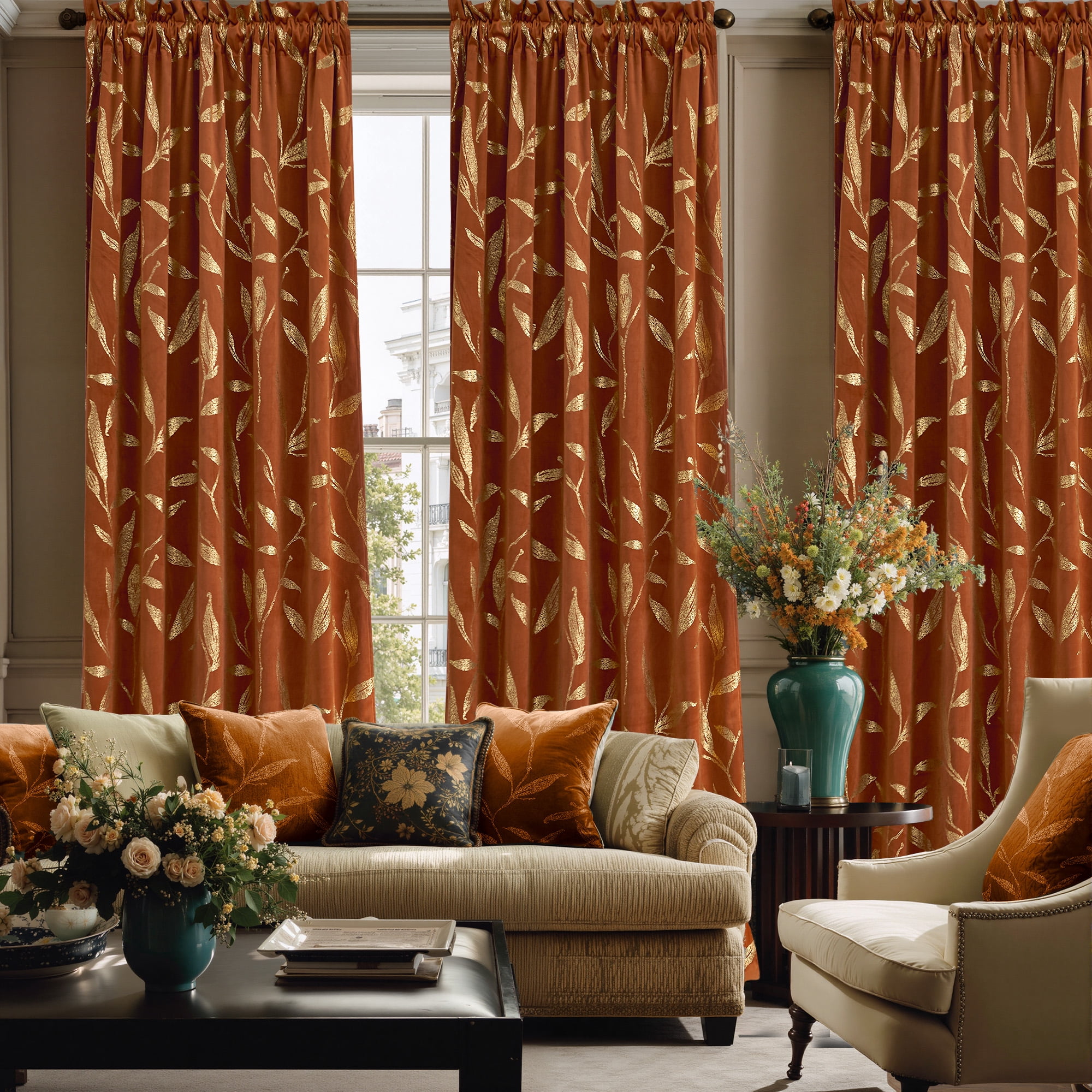 NICETOWN Blackout Velvet Curtains for Living Room, Soft Vintage Leaf Patterned Gold Foil Printed Velvet Curtains Rod Pocket Room Darkening Thermal Insulated Drapes, Gold Brown, 50"x84", 2 Panels
