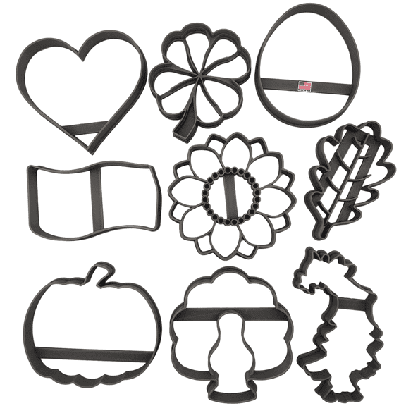 HOLIDAY COOKIE CUTTERS Valentines Heart St Patrick Shamrock Easter Egg Mothers Day Sunflower Fourth Of July Flag Fall Leaf Halloween Pumpkin Thanksgiving Turkey Christmas Tree Cookie Cutters (9 Pack)