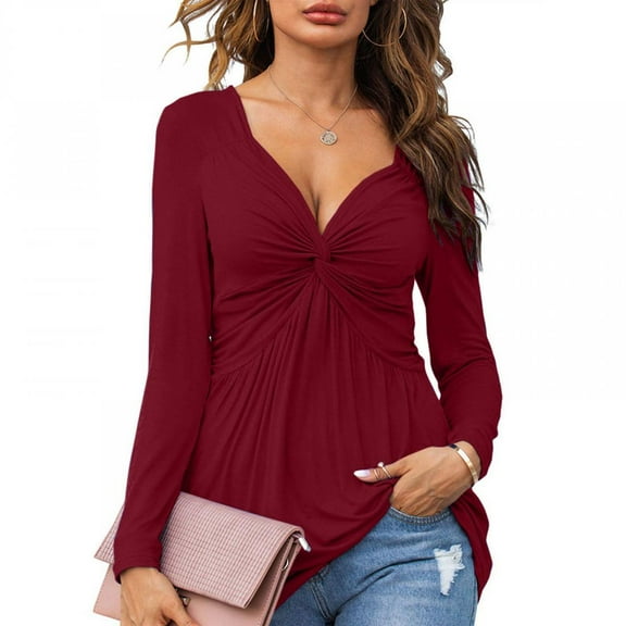 Patlollav Womens Casual V-Neck Bow Sexy Long-Sleeve T-Shirt Tops