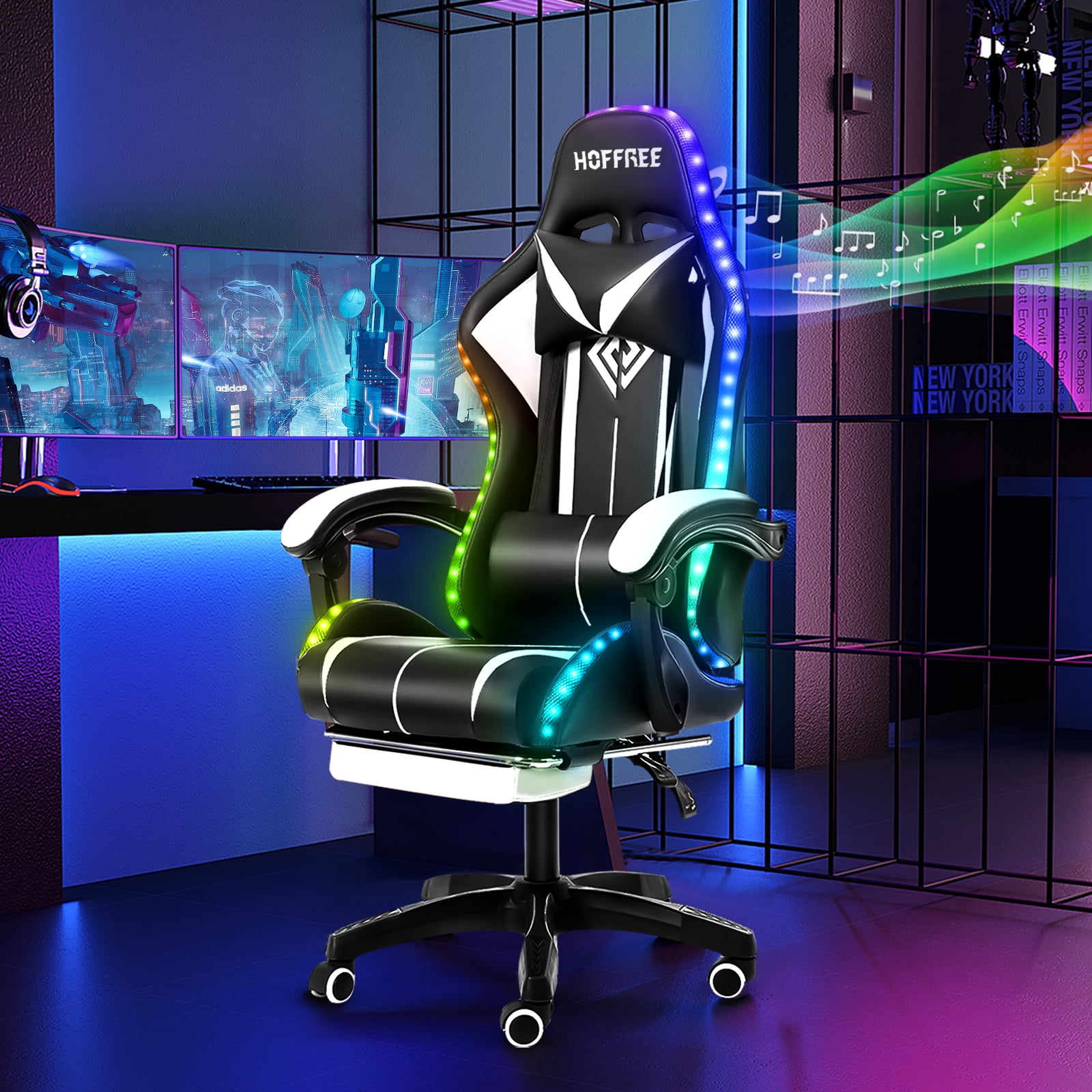 Hoffree Gaming Chair with Bluetooth Speakers and Footrest Massage Office Chair with LED Lights Ergonomic Game Chair High Back with Lumbar Support and Headrest Adjustable Swivel for Adults 300lb