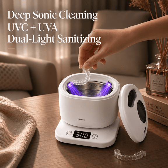 Ultrasonic Retainer Cleaner, 45kHz Cleaning Machine, UV Light, IPX7 Waterproof, Night Guard Cleaner & Denture Cleaner for Aligners, Mouth Guards, Gifts