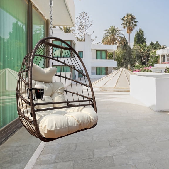 Hanging Egg Chair Without Stand with 304 Stainless Steel Hook, Foldable Wicker Swing Chair with Cushion, Guardrail and Cup Holder, 350 lb Capacity, Khaki