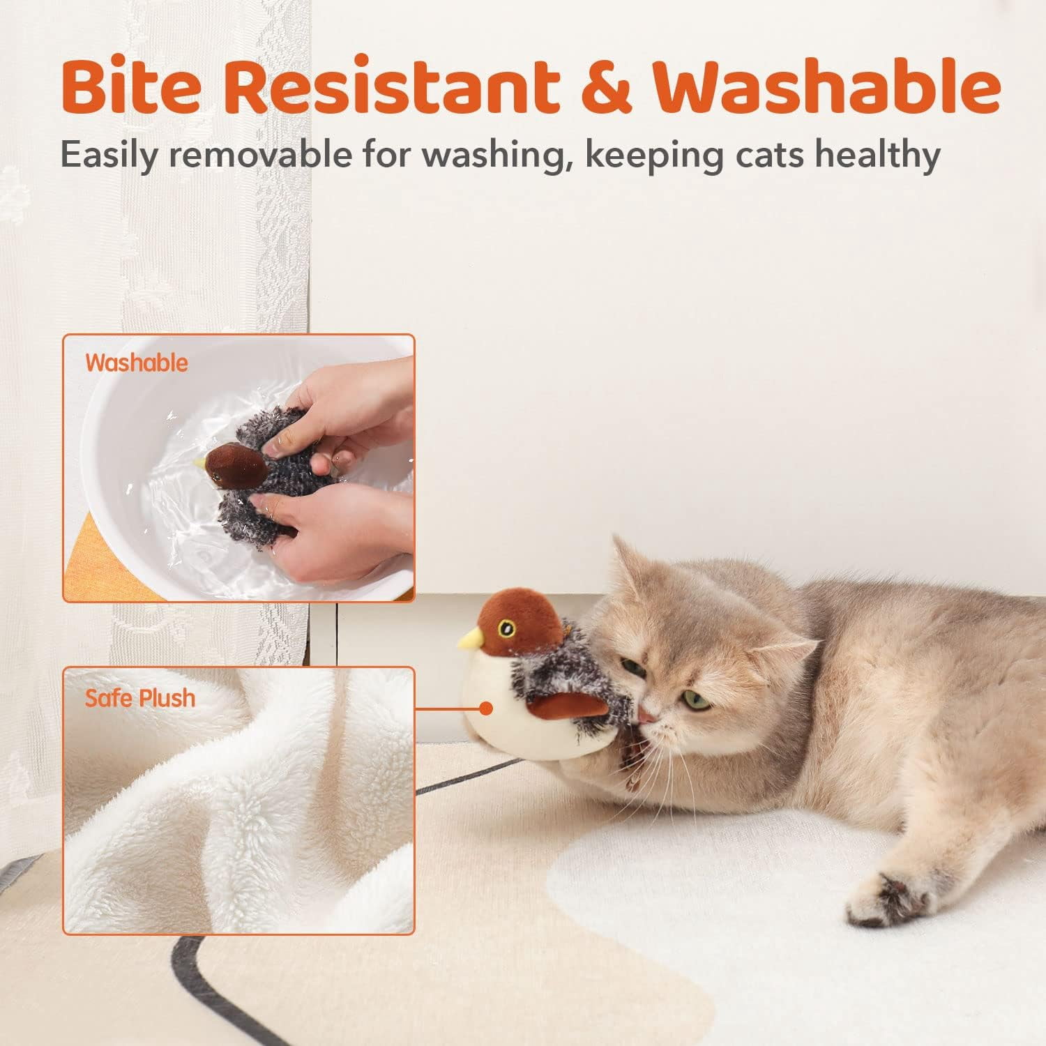 Cat Toys Rechargeable Flapping Bird Sparrow, Lifelike Chirp Tweet, Touch Activated Kitten Toy Interactive Cat Exercise Toys for All Breeds Cat Kicker Catnip Toys 4.0 Inches