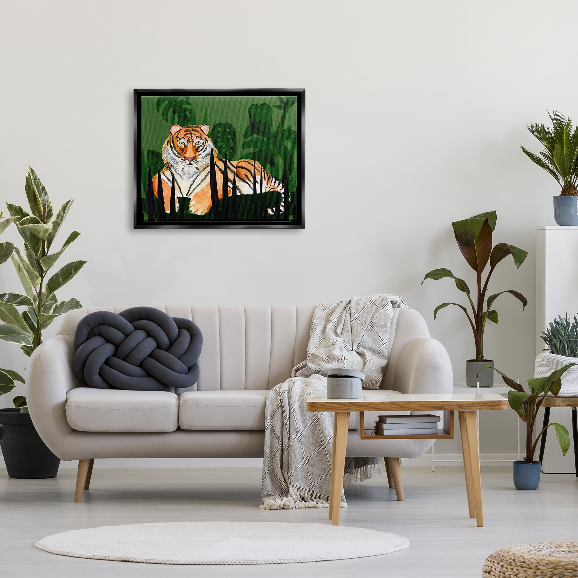 Stupell Tiger Tropical Plants Nature Animals & Insects Painting Black Floater Framed Art Print Wall Art
