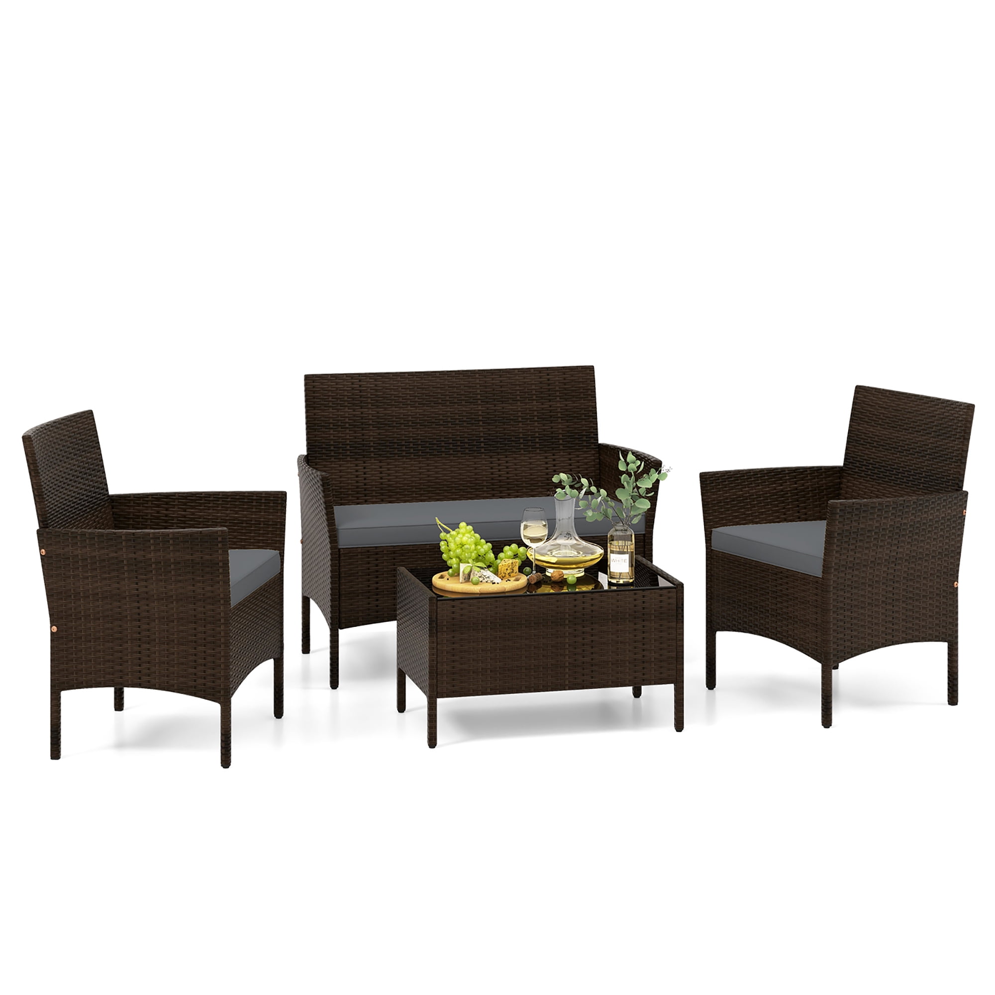Gymax 4 Piece Patio Rattan Conversation Set Outdoor Wicker Furniture Set w/ Chair & Loveseat