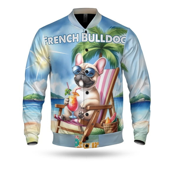 French Bulldog Hello Summer Beach Theme with Sunglasses and Tropical Cocktail All Over Print 3D Baseball Jacket Dog Lover Gifts Bomber Jacket Softball - 00009