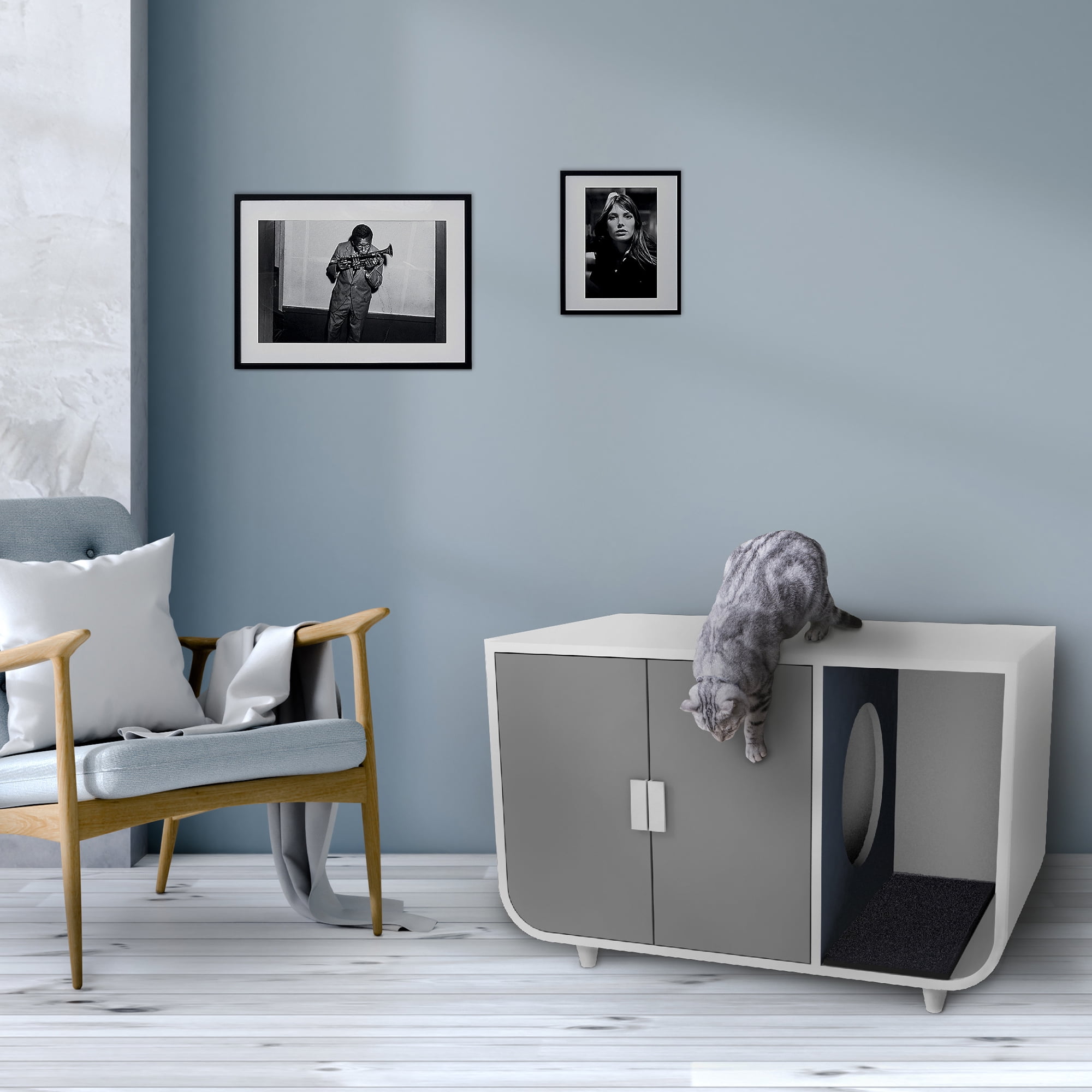 Teamson Pets Large Dyad Wooden Cat Litter Box Enclosure and Cabinet/Side Table, Alpine White/Gray