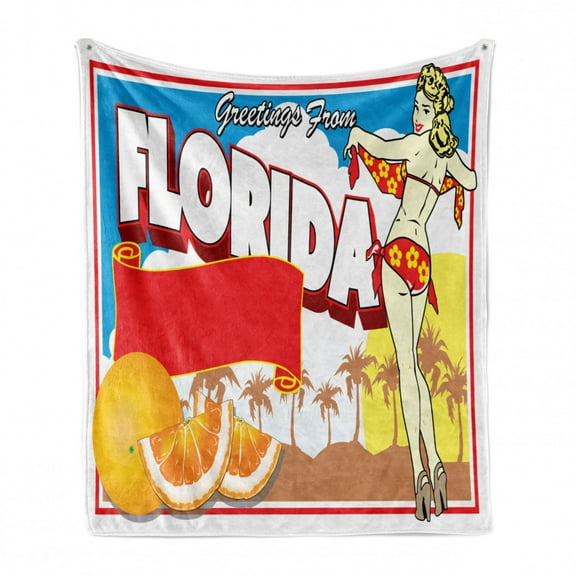 Florida Soft Flannel Fleece Throw Blanket, Greetings from Florida Postcard Design with a Pin-up Girl in Bikini and Oranges, Cozy Plush for Indoor and Outdoor Use, 50" x 70", Multicolor, by Ambesonne