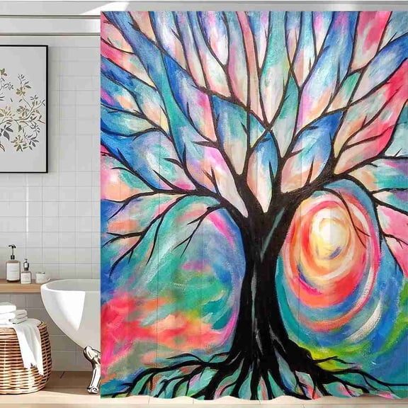 70x70 inch Abstract Painted Tree of Life Shower Curtain, Waterproof Polyester Fabric with Hooks for Bathroom Decor