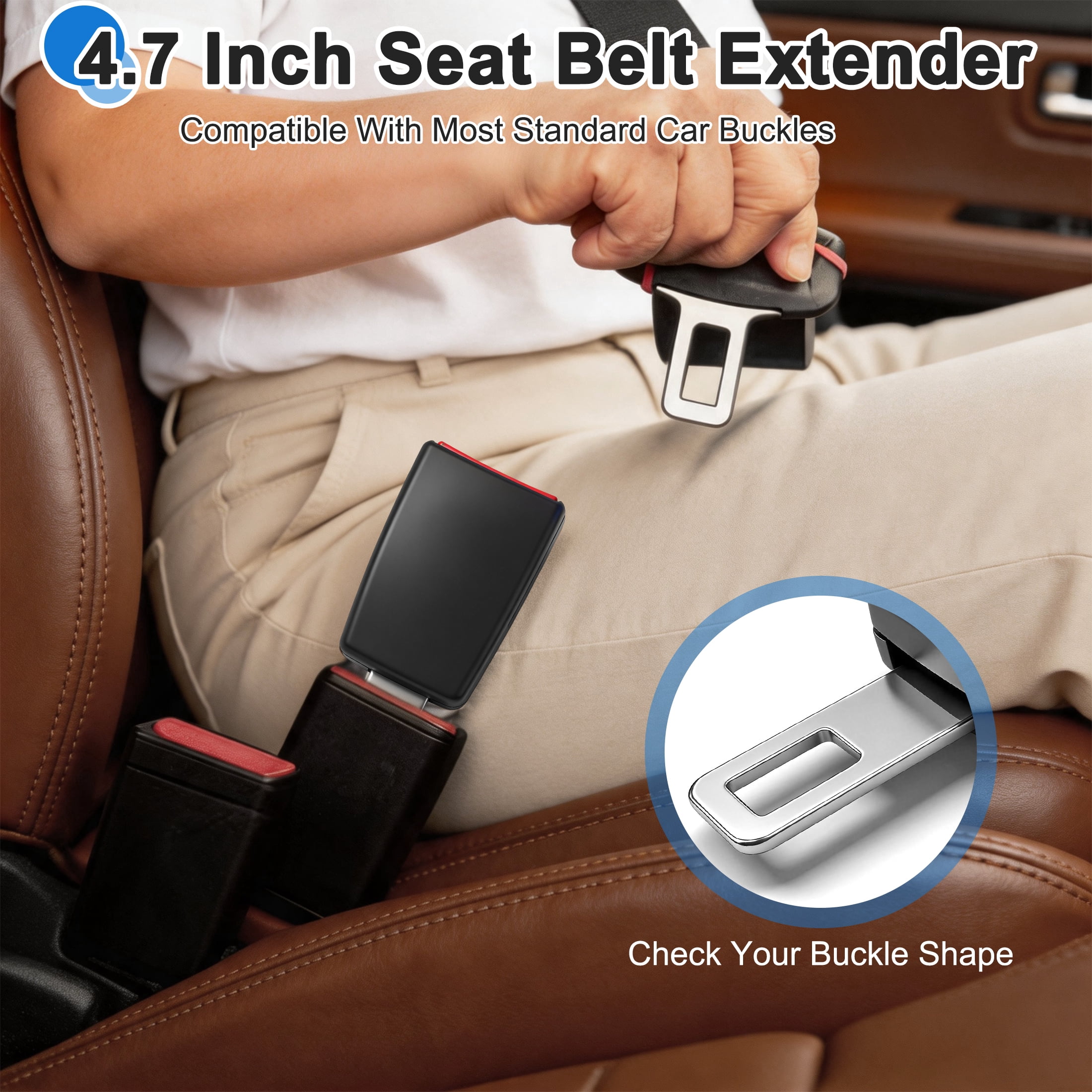 GARITIN Car Seat Belt Extender 2‑Pack, 4.7 Inch Safety Seat Belt Extension with Metal Tongue, Compatible with Most Standard Car Buckles for Pregnant Women, Larger Body Types