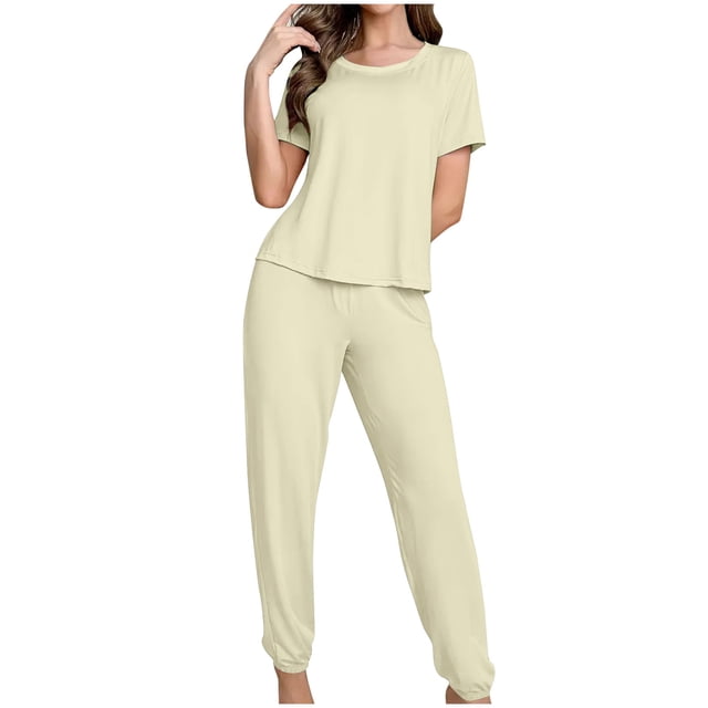 Rbaofujie Robe pour Femmes en Soie de Lait Couleur Unie Mode Décontractée Ample Col Rond Ensemble de Pyjama Automne