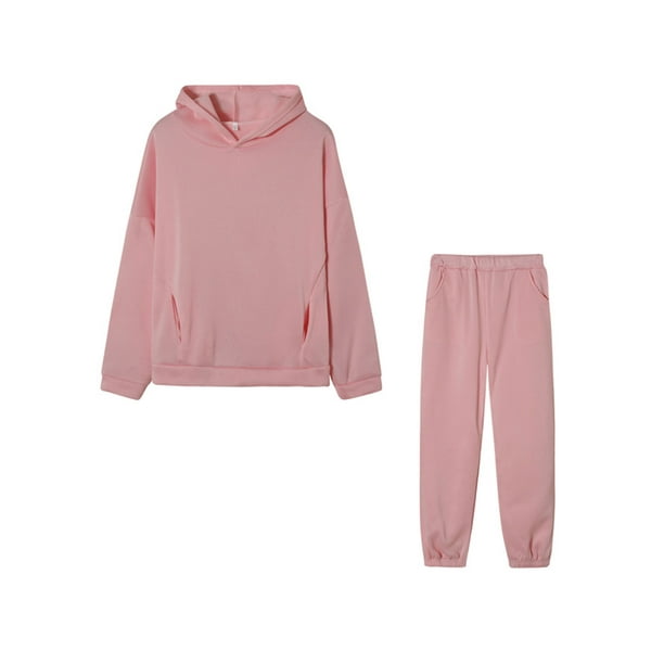 LUXUR Ladies Jogger Set Solid Color Two Piece Outfit Long Sleeve Sweatsuits Drawstring Trousers Lounge Sets Plain Pink L Walmart