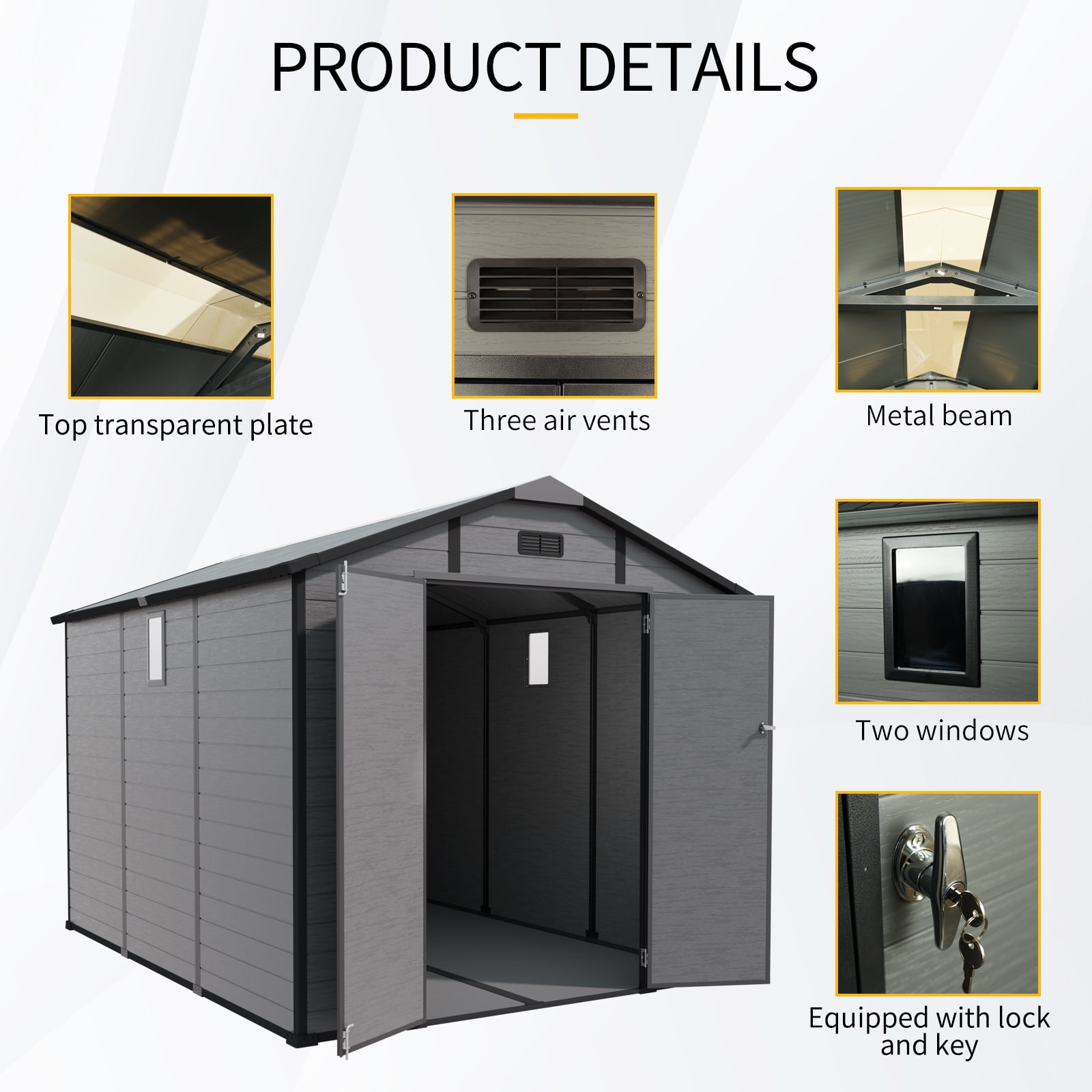 10x7.6ft Shed and Outdoor Storage, Garden Tool Resin Shed w/ Double Lockable Doors, All-Weather XXL Patio Storage Sloped Roof, Backyard Bike Shed with 2 Windows