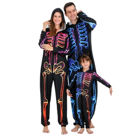 

Glookwis Mommy Dad Child Hooded Neck Nightwear Loose Sleepwear Soft Zipper Matching Family Pajamas Set Long Sleeve Front Zip Halloween PJ Sets Black Women M