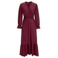 thumbnail image 4 of qolati Women Fall Dresses 2024 Long Sleeve V Neck Swiss Dots Maxi Dress Boho Long Dress High Waisted A-Line Ruffle Flowy Dress Wine XXL, 4 of 6