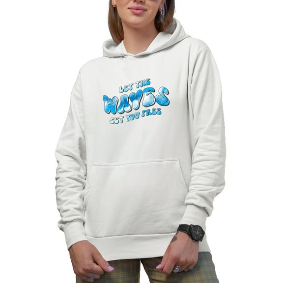 Let the Waves Set You Free, Retro Groovy Wavy Text & Tie Die Surfing Themed Merch Gift, White Hooded Sweatshirt or Hoodie, Small