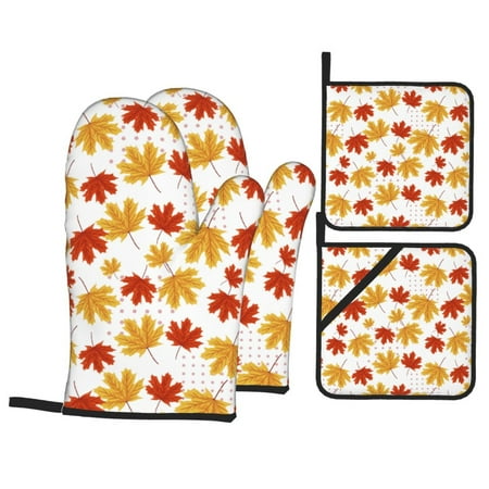 

Oven Mitts and Pot Holders Sets 4 pcs - Maple Leaf Heat Resistant Silicone Oven Gloves with Non-Slip Silicone Surface and hot pads for kitchen Baking Cooking BBQ
