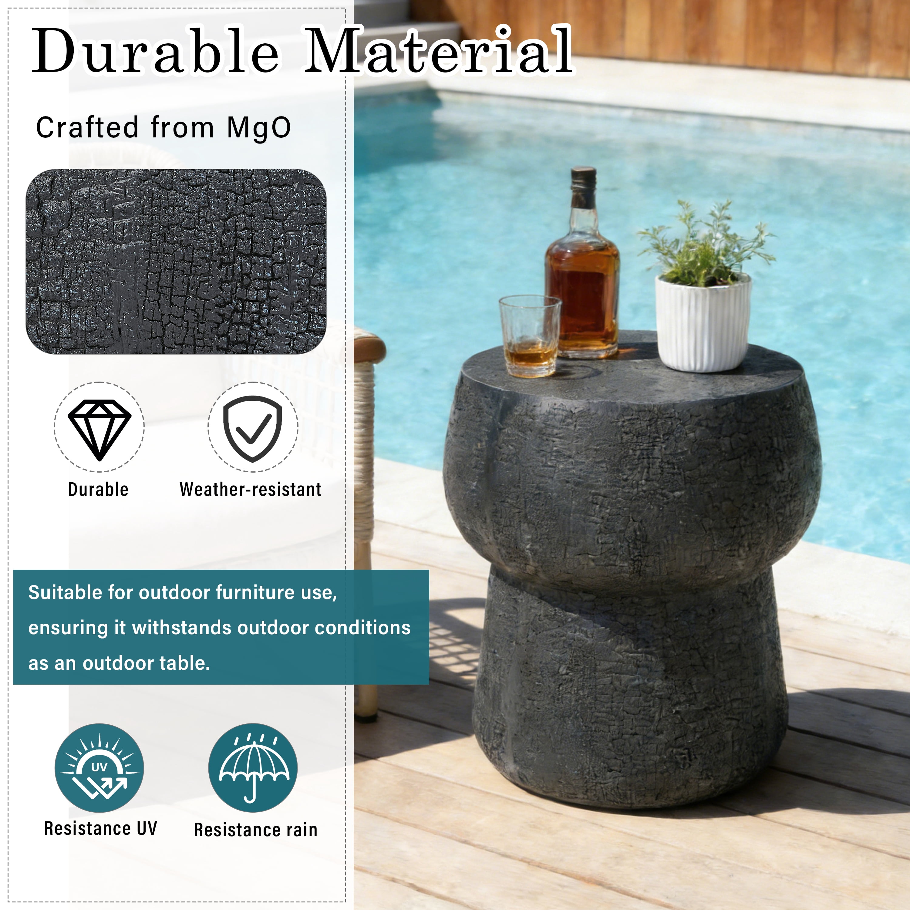 Mintazer 17.8" H Double Barrel Shaped Outdoor Side Table, Distressed Cement Accent Table for Patio Living Room, Black