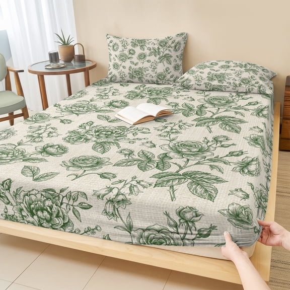 King Size Fitted Sheet Set - Sage Green Rose 3 Piece Bedding Sets 16" Deep Pocket Fitted Sheet with 2 Pillowcases, Farmhouse Vintage Botanical Floral Burlap Brushed Microfiber Hotel Luxury Bed Sheets