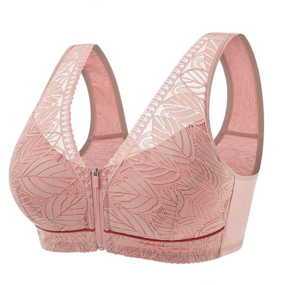 Crunowin Women's Plus Size Bra, Soft Comfort Wireless Push Up Front Zip Graceful Printed Everyday Underwear Pink XXXXXXL 52/120