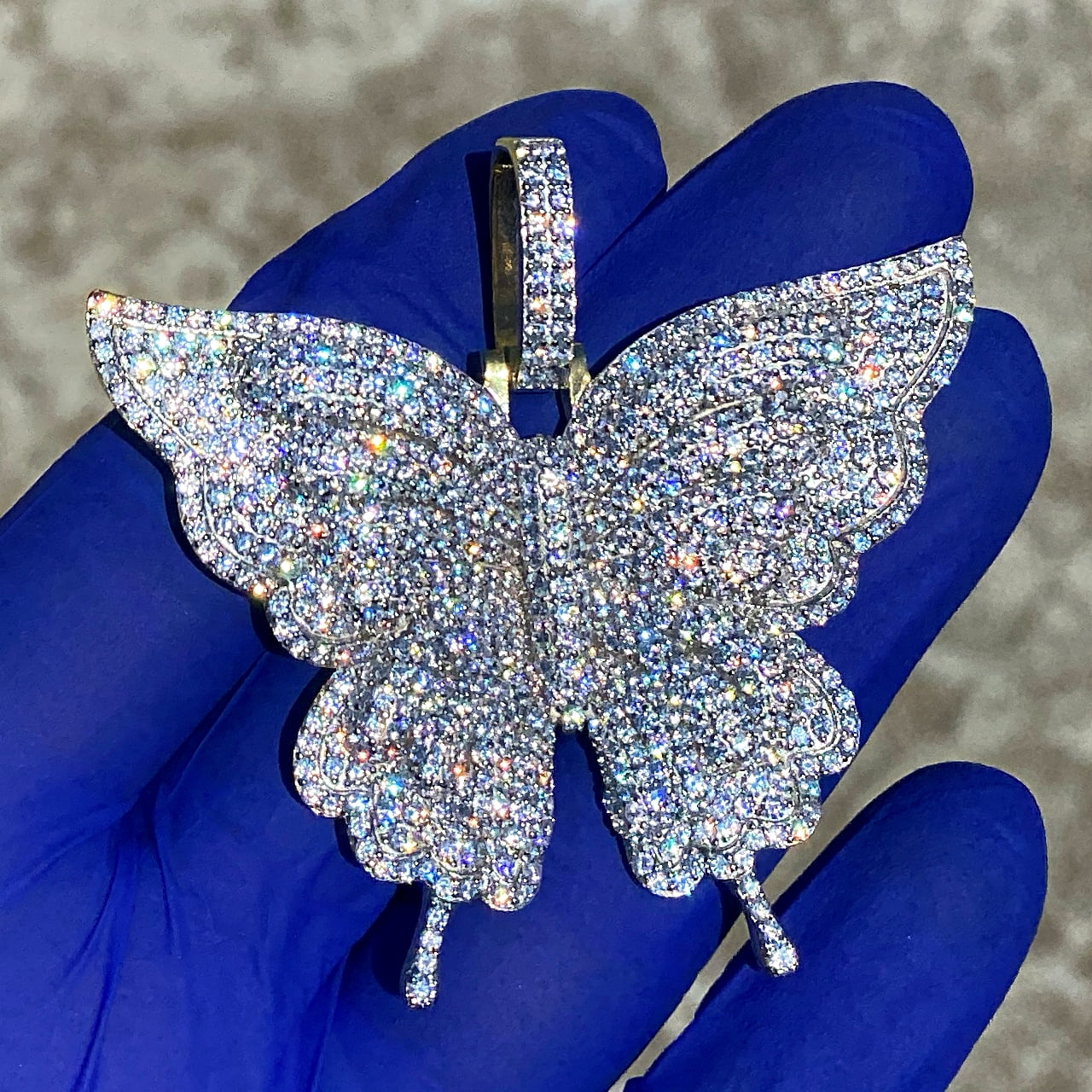 Real 925 Sterling Silver w/Gold Finish Flooded Micro Pave Iced Bling Butterfly Pendant Large 2.5" Inch