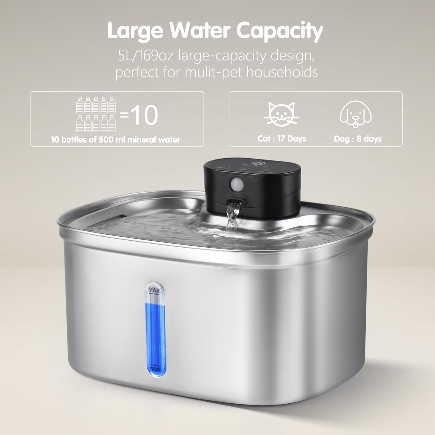 Wireless Cat Water Fountain Stainless Steel, 5L Automatic Pet Dispenser with Battery & Filters