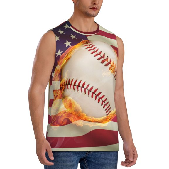 Picia Baseball Ball With Flag mens Cotton Tank Undershirts , Moisture-wicking Ribbed Tanks, Lightweight Cotton Tank Undershirts-Small
