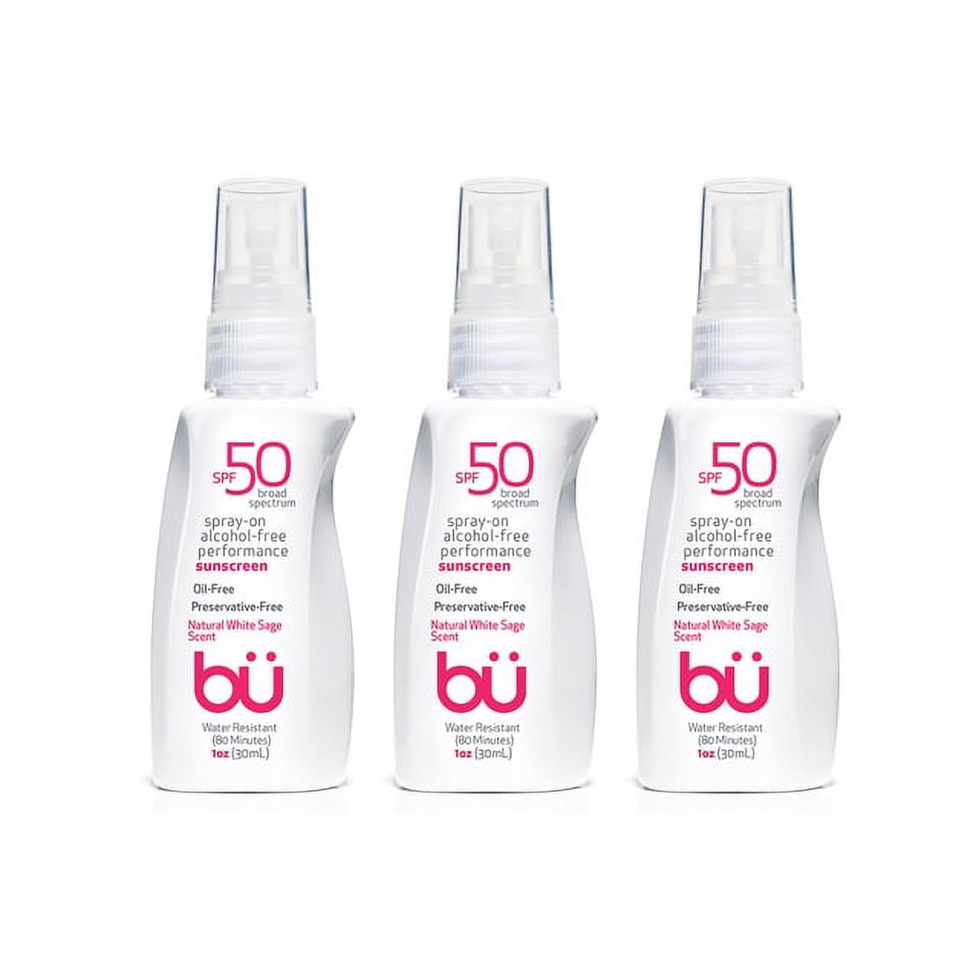 3 Pack - Bu SPF 50 Sunscreen Spray - Sweat & Water-Resistant. Clear Moisturizing, Non Comedogenic. Travel Sport Sensitive Skin. (White Sage 1 oz)