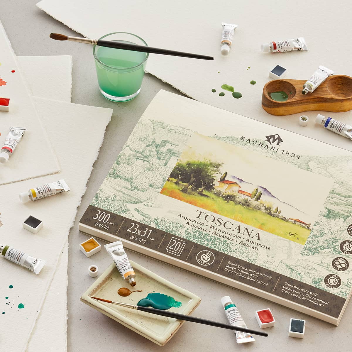 Magnani 1404 Toscana Rough 100% Cotton Watercolor Paper Block, 20 Sheets, 9x12", 140 lb, Acid-Free, UV Resistant, Vegan Sized Water Color Paper for Artists, Made in Italy