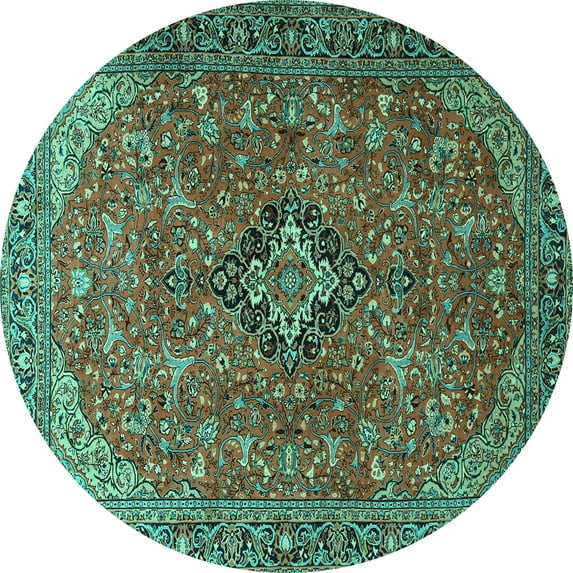 Ahgly Company Machine Washable Indoor Round Medallion Turquoise Blue Traditional Area Rugs, 6' Round