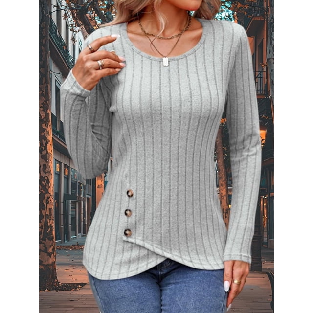 2024 Women Fall Warm Long Sleeve Slim-fitting Solid Color Knitted Sweaters Female Comfortable O-neck Button Striped Pullover