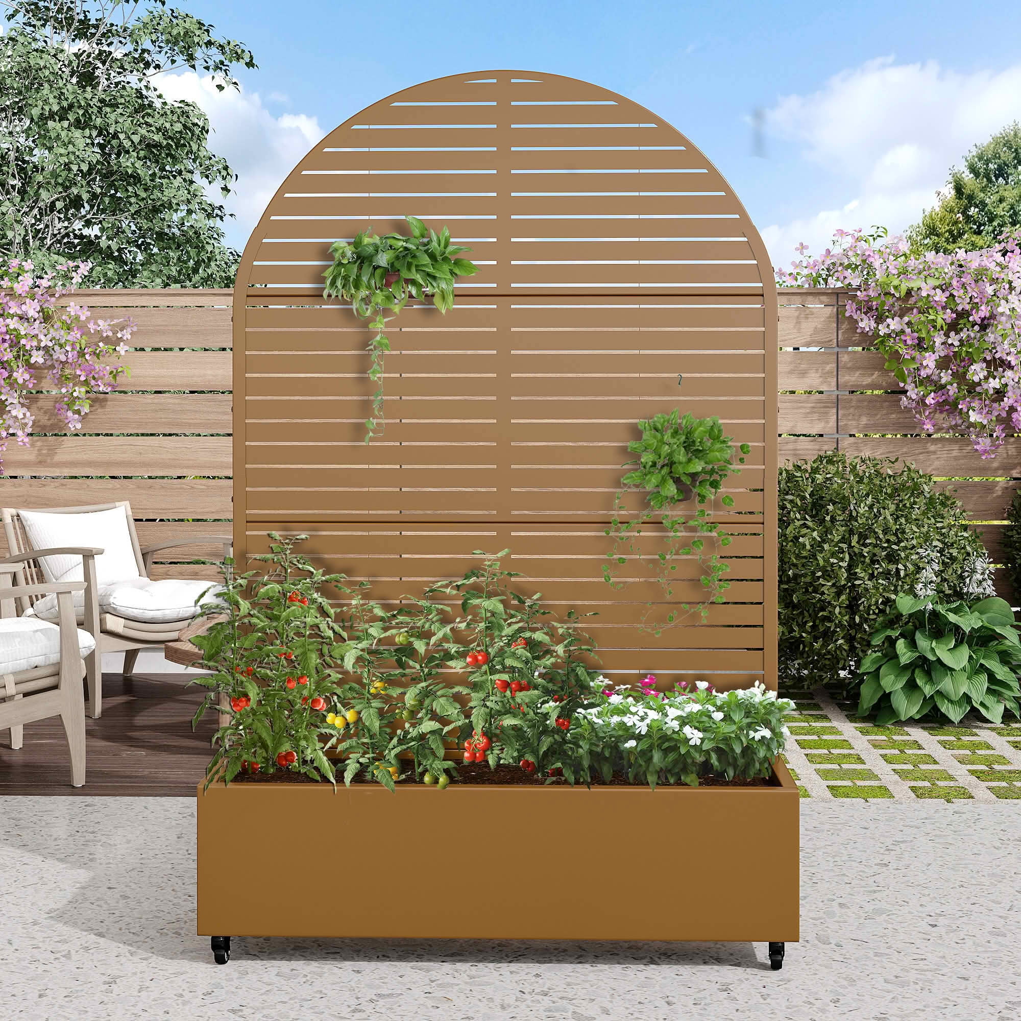 MAYEERTY 72x47x16 Inch Brown Metal Arched Planter Box with Trellis, 3 Piece Set for Outdoor Garden & Patio