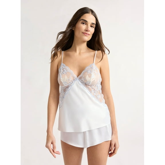 Joyspun Womenβs and Womenβs Plus Bridal Satin Cami and Shorts Set with Lace Trim, Sizes XS to 3X